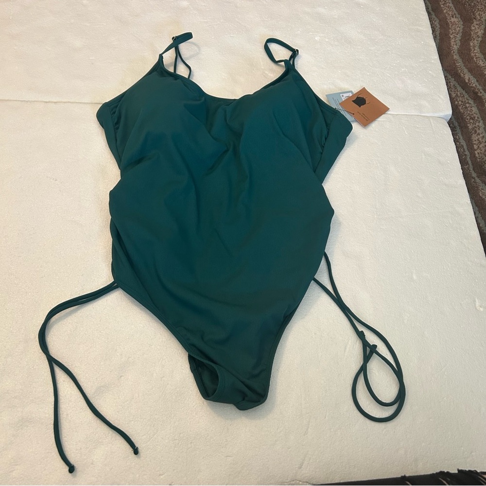 Shade & shore green teal ribbed one pice swim suit side ruching tie - Picture 8 of 14